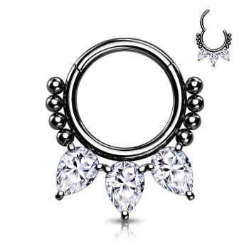 Hinged Segment Hoop Ring with 3 Prong Set Pear CZ and beads